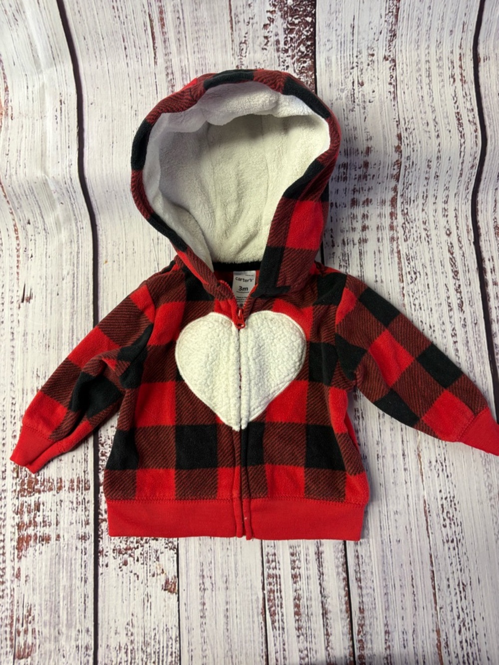 Carter's Red and Black Buffalo Plaid Hooded Jacket with White Heart